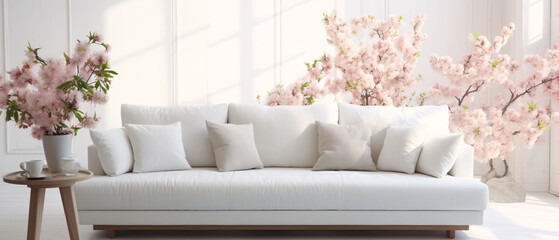 Modern living room design with white sofa and decorative blooming cherry blossoms. generative Ai