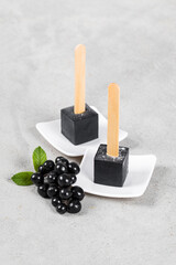 Vegan Black Matcha Ice Cream in the shape of a mini cube on a wooden stick. On a plate. Close-up