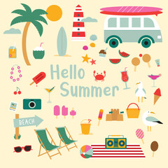 Hello Summer Beach Travel Vacation Vector Set Collection Items