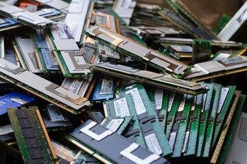 recycled computer memory cards. pile of recycled RAM sticks