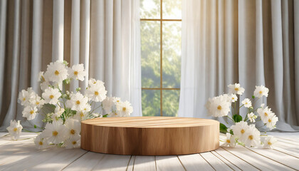 3D wooden & white podium table, bathed in sunlight, embodies luxury and sophistication, ideal for showcasing cosmetic, skincare, and fashion products - obrazy, fototapety, plakaty