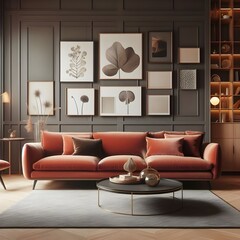Interior design of modern living room with velvet terra cotta sofa