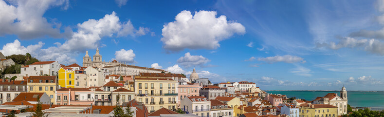 Alfama seascape panorama Lisbon lookout with views over Lisbon historic center and cruise terminal. - obrazy, fototapety, plakaty