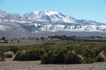 Small village with adobe houses inside sajama national park