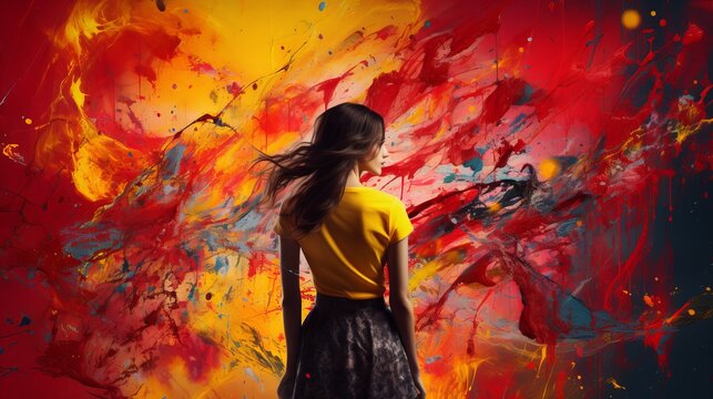 Artistic Expression of a Fashionable Woman in Colourful Clothes, Bold Display of Empowerment by a Female Model on a Paint Background, Lady Posing with Creative Accessories in an Abstract Design