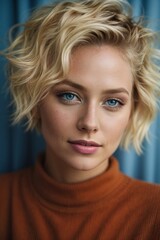 Fototapeta premium Beautiful blonde woman with short hair and blue eyes , ruddy skin, beautiful, full lips, a minuscule amount of clothing, smiling, feeling of lightness and joy. Generative Ai.