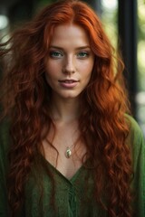 Beautiful red-haired woman with long hair and green eyes , ruddy skin, beautiful, full lips, a minuscule amount of clothing, smiling, feeling of lightness and joy. Generative Ai.