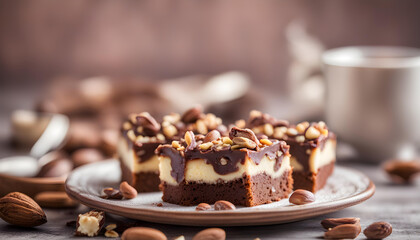 Pieces of chocolate cake with cocoa butter and nuts.