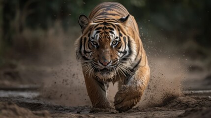 Siberian Tiger running in the forest. (Panthera tigris altaica)
