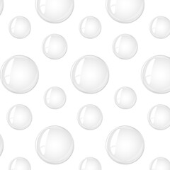 Seamless pattern transparent water bubble. Soap bubble, crystal glass ball. Beauty product, moisture, skincare transparent bubbles top view, scatter splashes