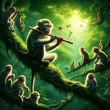 a monkey play flute in the jungle