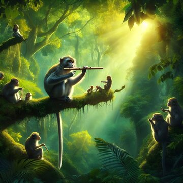 a monkey play flute in the jungle