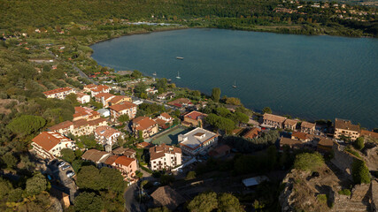Aerial view of Lake Bracciano, originally also called Lake Sabatino. It is a lake of volcanic and...