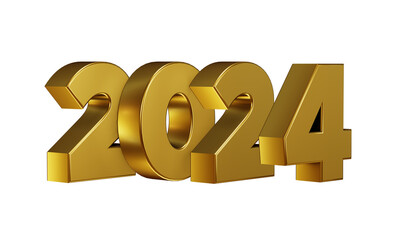 Inscription 2024. Volumetric gold plastic numbers on a transparent background. 3d render