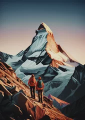 Deurstickers illustrazione di alpinisti in avvicinamento ad una cima innevata, alba con cielo limpido © divgradcurl