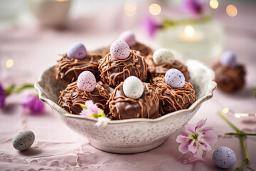 Fototapeta na wymiar Easter Chocolate Egg Nest Treats. Magical festive atmosphere. White kitchen. Bright and airy. Food photography, product photography. Sharp, clean focus. High quality retouching. Photography from a gas