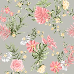 Watercolor leaves pattern, green and pink foliage, yellow flowers, green background, seamless
