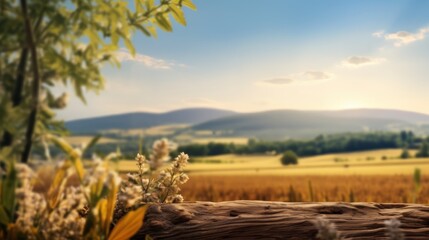 Obraz premium Product display background mockup. Beautiful wheat meadow field backdropfor beverages, milk, wheat and other food products. Frontal view.