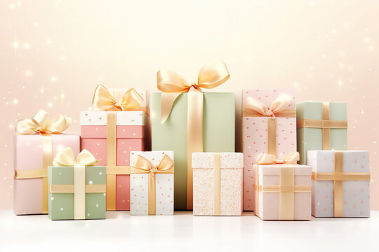 pastell colored christmas gift boxes with space for text on light ground, christmas background