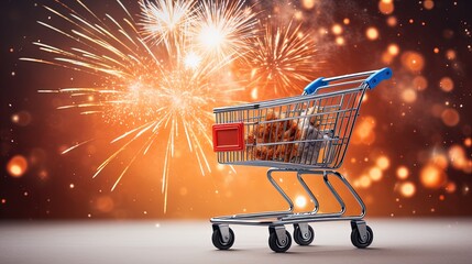 Shopping cart with a marathon of fire sparks and fireworks