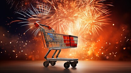Shopping cart with a marathon of fire sparks and fireworks