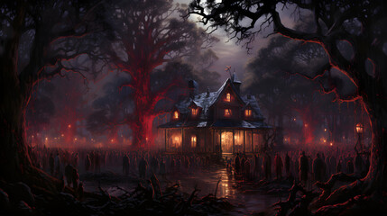 Halloween Hunted house with pumpkin and bats