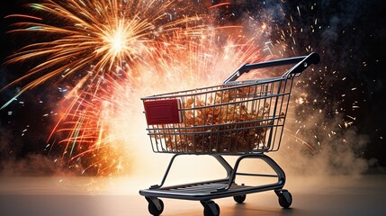 Shopping cart with a marathon of fire sparks and fireworks