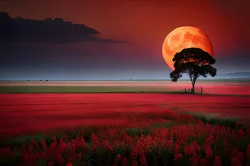 Fotobehang Full blood strawberry moon back cloud and tree in the field and dark red sky © Shahjahan