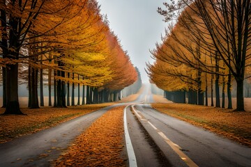 Naklejka na ściany i meble The road covered with autumn leaves.