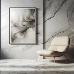A sleek beige lounge chair sits against a luxurious marble wall, with an abstract poster adding a touch of modern art to the minimalist design of this living room