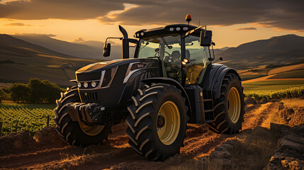 tractor farming at sunset