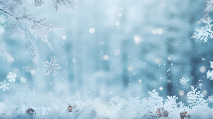 Christmas time Background, Snow on the trees and snow flakes - Generative Ai