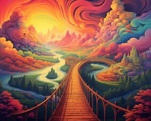 Bridge connecting two surreal vibrant landscapes in rainbow colors.  Surreal, dreamlike art style