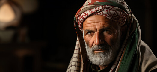 Portrait of an elderly Muslim man wearing a turban on a black background.