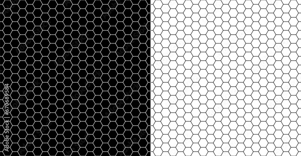 Poster Monochrome geometric seamless background with hexagon pattern. Black grid on a white background and the same white grid on the black side.