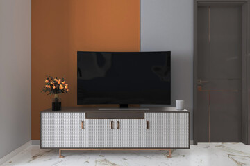 TV Cabinet, Flower Vase, Smart TV, Behind Colorful Wall Paint Decorate for a Gorgeous Living Room interior