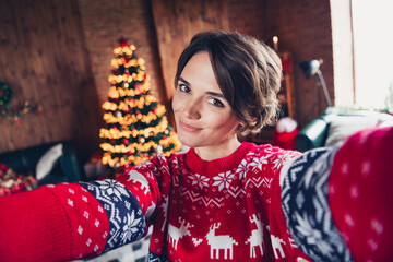 Selfie portrait of girlfriend brown bob hair posing model wear ugly deer ornament red sweater welcome xmas event isolated home background