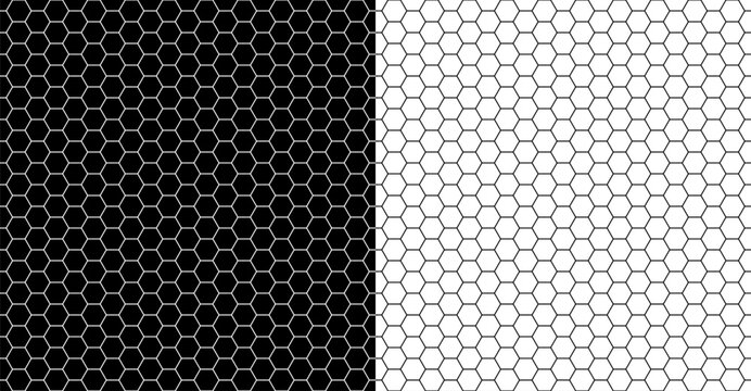 Monochrome geometric seamless background with hexagon pattern. Black grid on a white background and the same white grid on the black side.