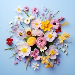 Bouquet of beautiful spring flowers on pastel blue table top view. Flat lay