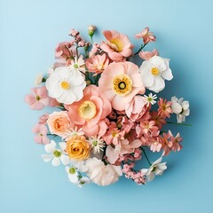 Bouquet of beautiful spring flowers on pastel blue table top view. Flat lay