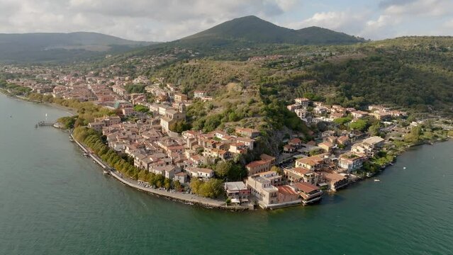 Aerial view of the historic center of Trevignano Romano. It is a small town in the metropolitan city of Rome, Lazio, Italy. It is located on the volcanic Lake Bracciano.