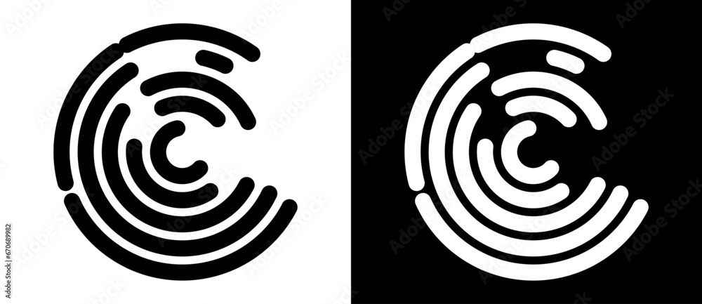 Wall mural letter c icon or logo, fingerprint concept. black shape on a white background and the same white sha