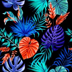 Fototapeta na wymiar Colorful tropical foliage, black background, blue and red leaves pattern, seamless, watercolor.