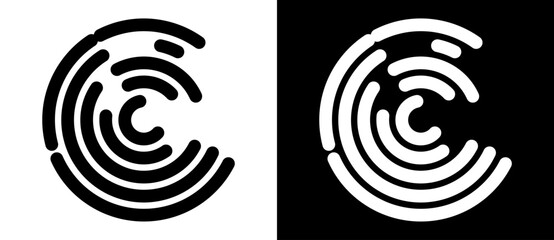 Letter C icon or logo, fingerprint concept. Black shape on a white background and the same white shape on the black side. - obrazy, fototapety, plakaty