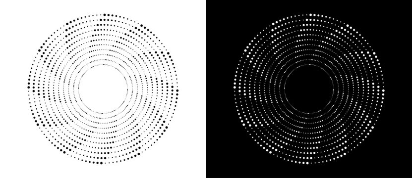 Modern abstract background. Halftone dots in circle form. Round logo, design element or icon. Vector dotted frame. A black figure on a white background and an equally white figure on the black side.