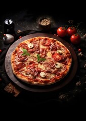 Close up front view of fresh hot pizza on black stone luxury table, junk food . Generative Ai.