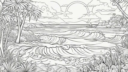 landscape with trees and water black and white, coloring book page seascape