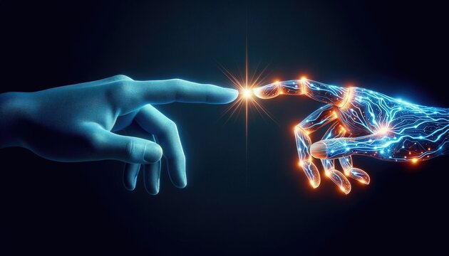 Digital and Neurolink Connection: Two Hands Reaching with Index Fingers