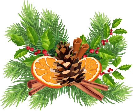 Christmas bouquet of pine, holly, red berries, mistletoe and cones, orange and cinnamon.wreath, garland.transparent, png