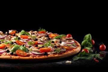 Close up front view of fresh hot pizza on black stone luxury table, junk food . Generative Ai.